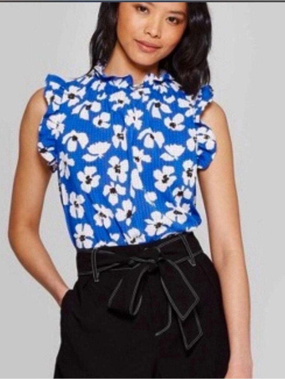 Who What Wear Blue Floral Ruffle Cap-Sleeve Blouse